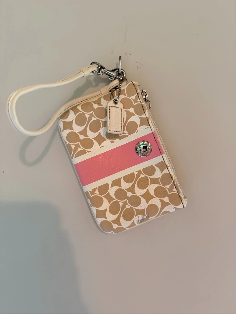 Coach Beige Signature Canvas Wristlet with Pink Stripe
